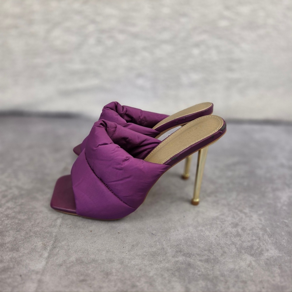 Lemonade Gatlin Purple Puffer Square Toe Gold Stiletto Heel Slide Sandals 10